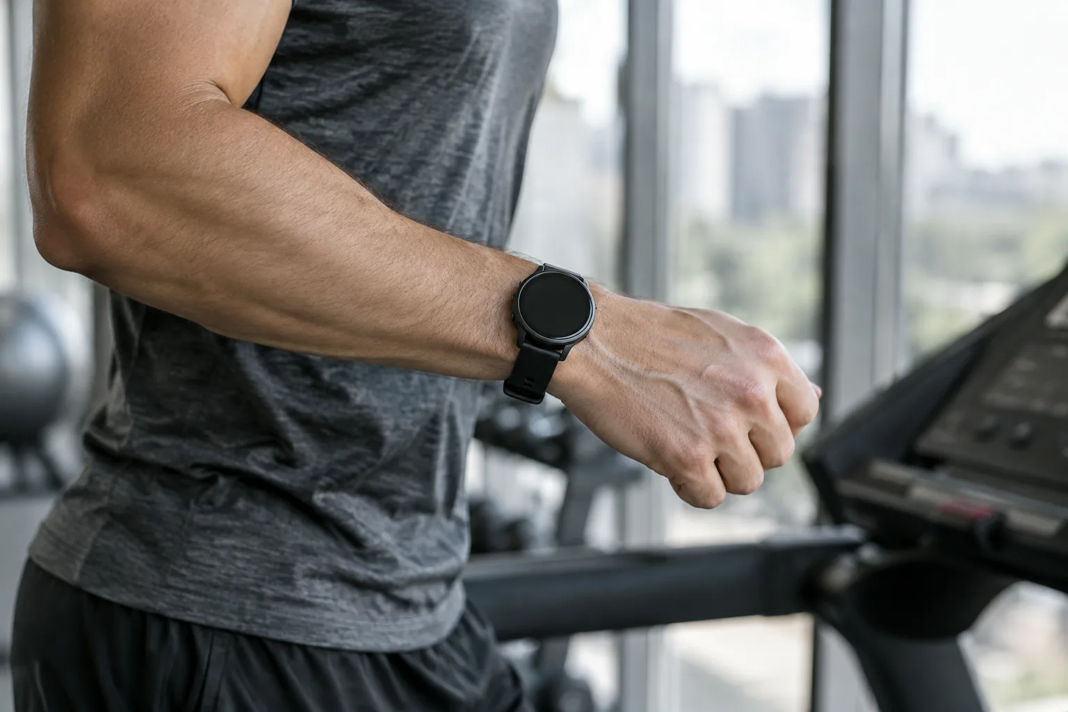 Poignet portant une montre de sport pendant une séance d’entraînement en salle.