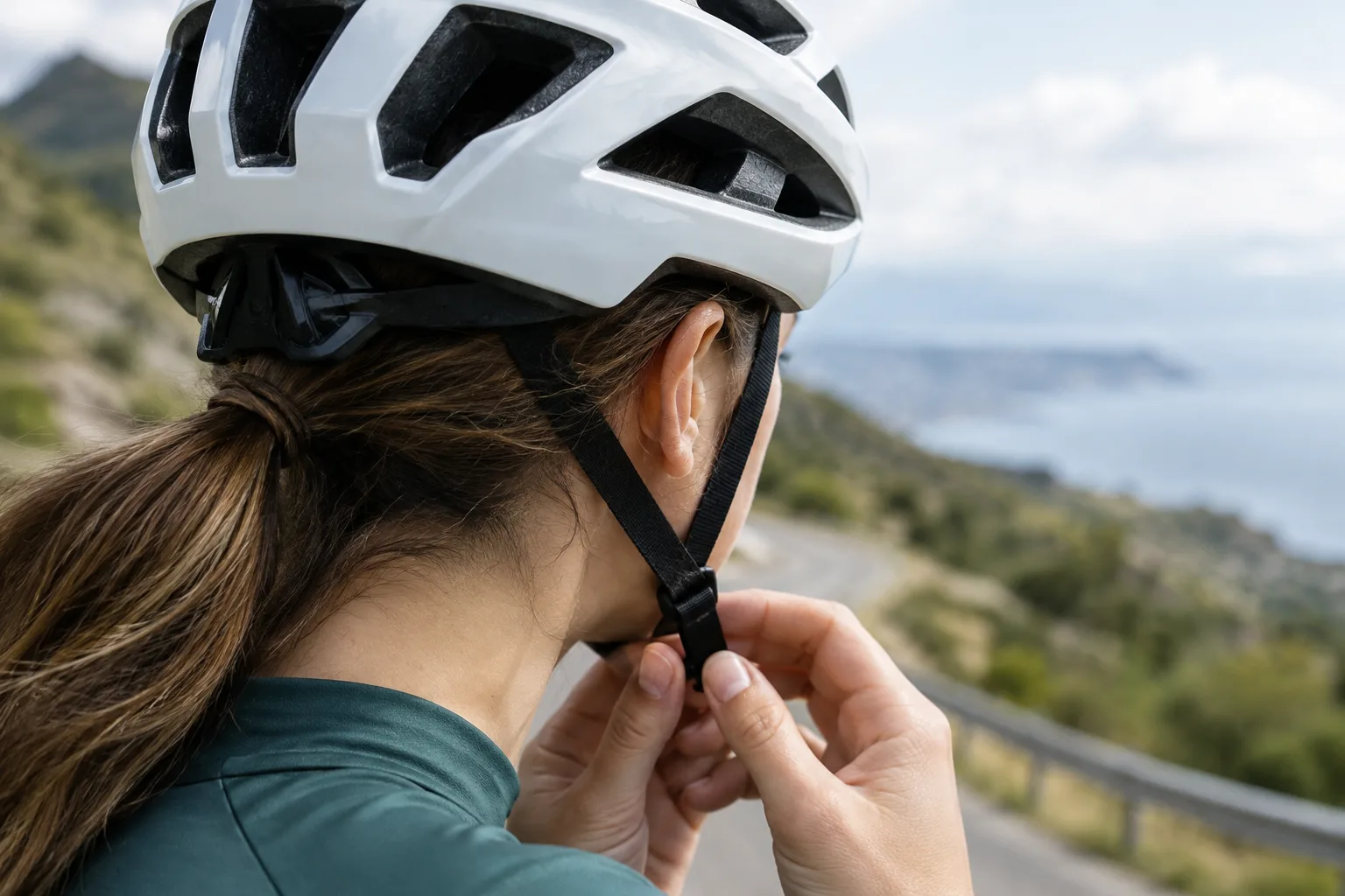 Un cycliste ajuste la jugulaire de son casque avant une sortie à vélo.