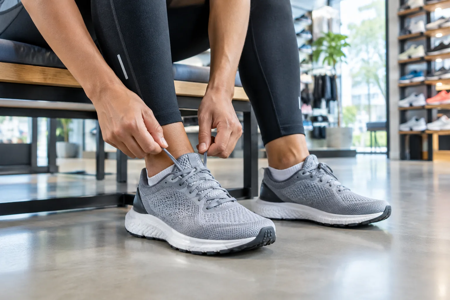 Une personne ajuste les lacets de chaussures de sport avant de les essayer.