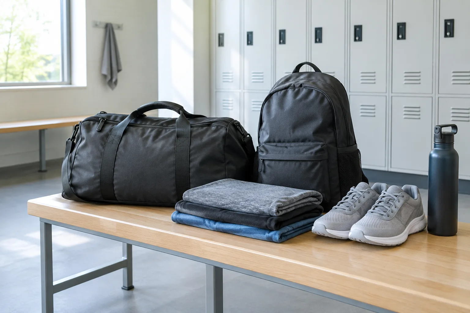 Sac de sport et sac à dos posés près de vêtements et de chaussures de pratique.