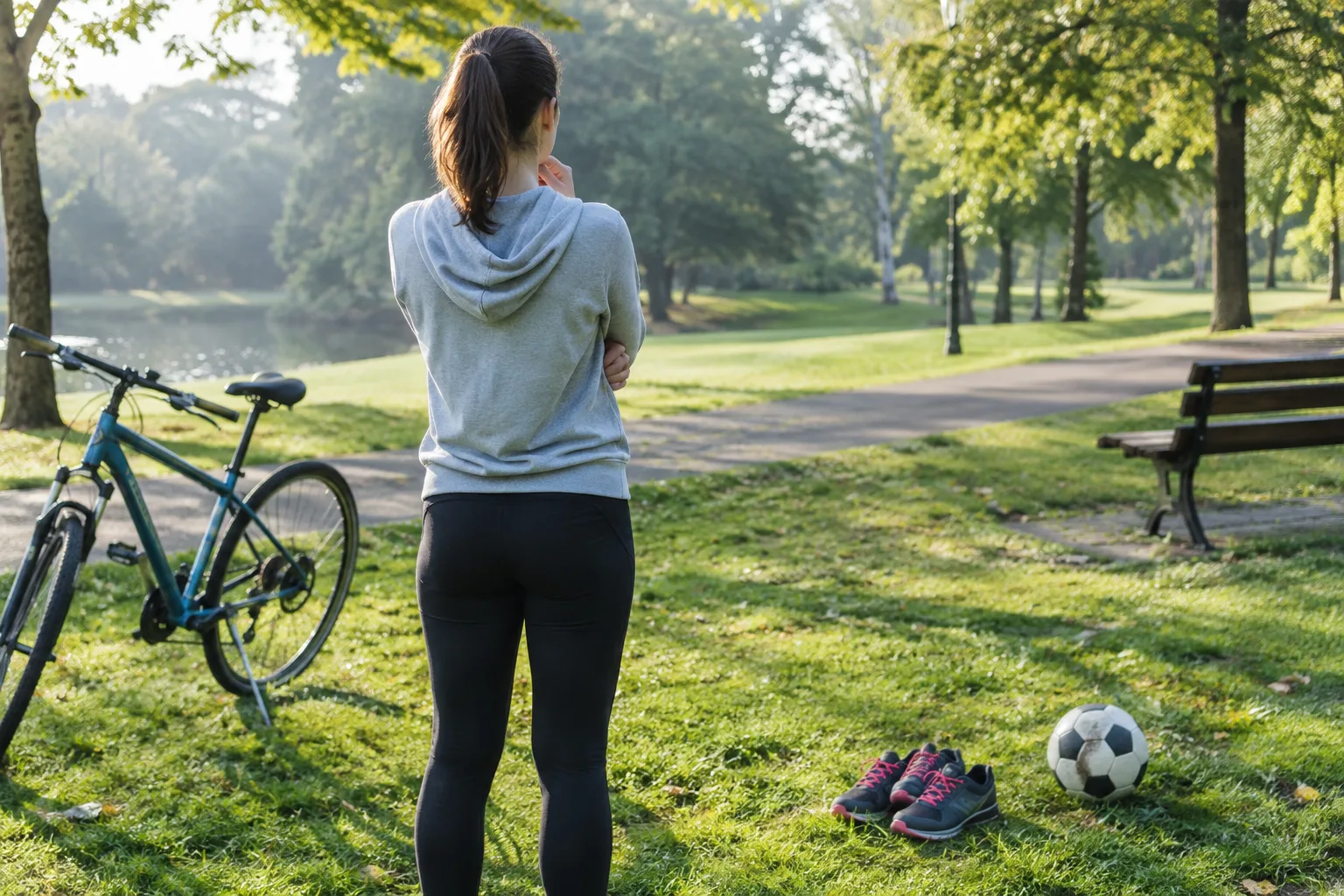 Matériel de course, vélo et ballon réunis dans un parc pour évoquer différentes façons de pratiquer un sport.