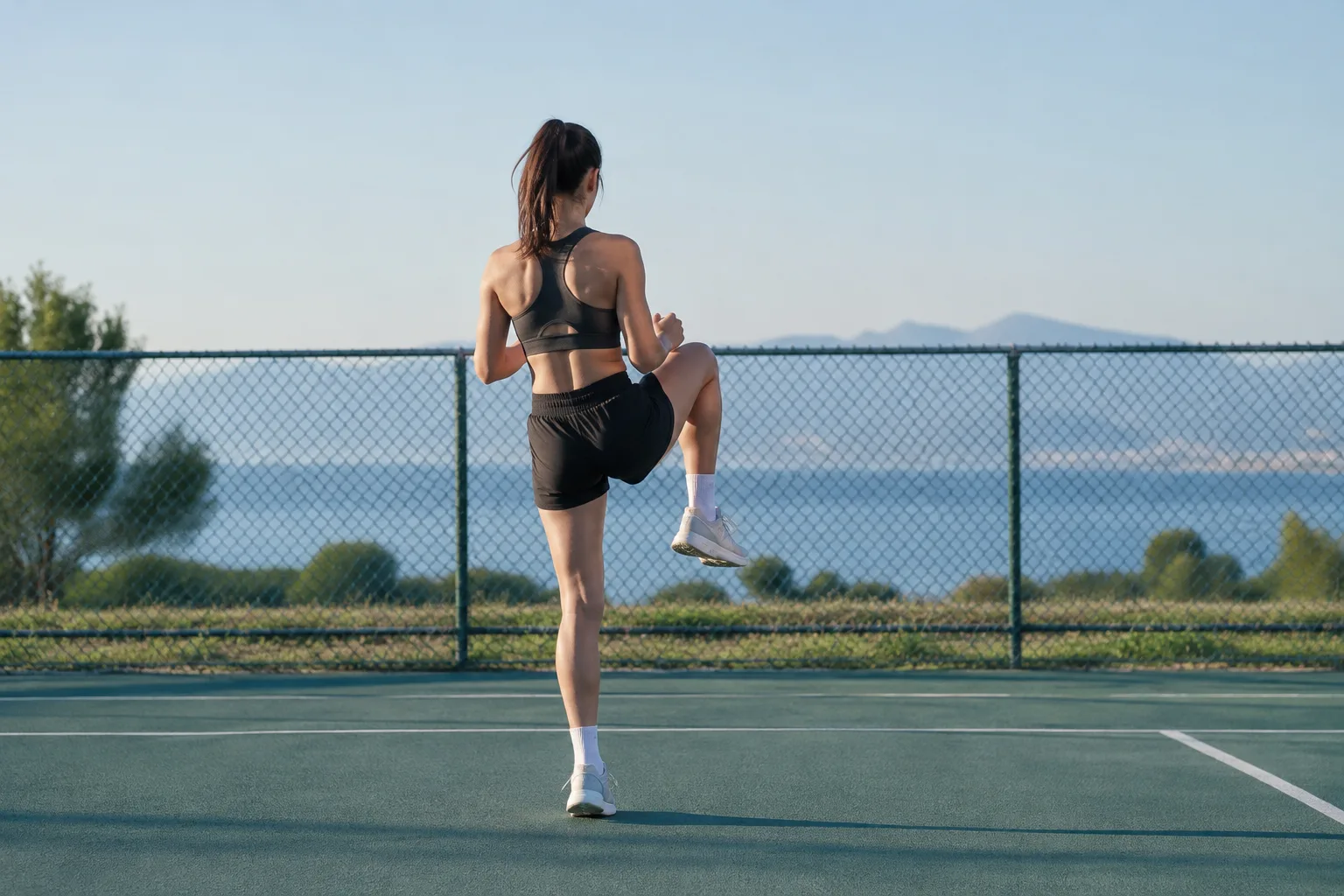 Un sportif effectue un mouvement d’échauffement dynamique sur un terrain extérieur.
