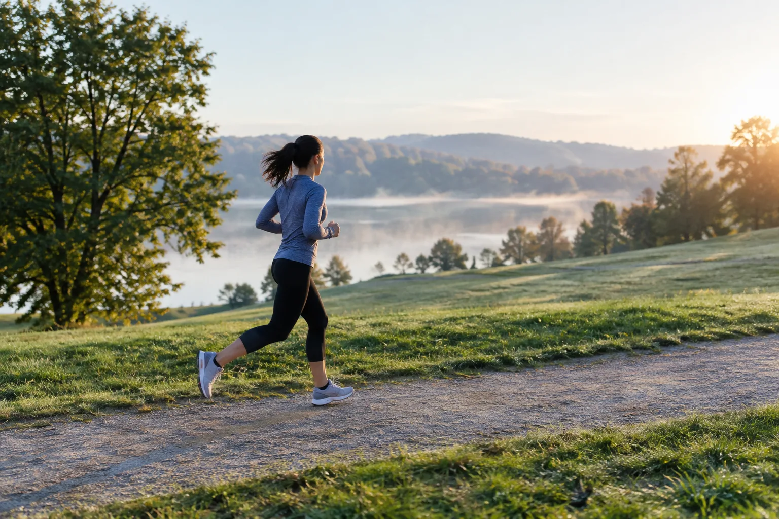 Un coureur adapte son rythme sur un chemin légèrement vallonné.