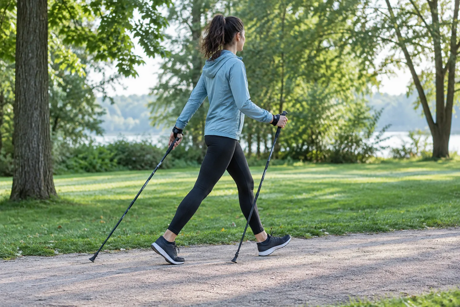 Une personne s’entraîne à la marche nordique sur un chemin plat, avec les bâtons inclinés vers l’arrière.