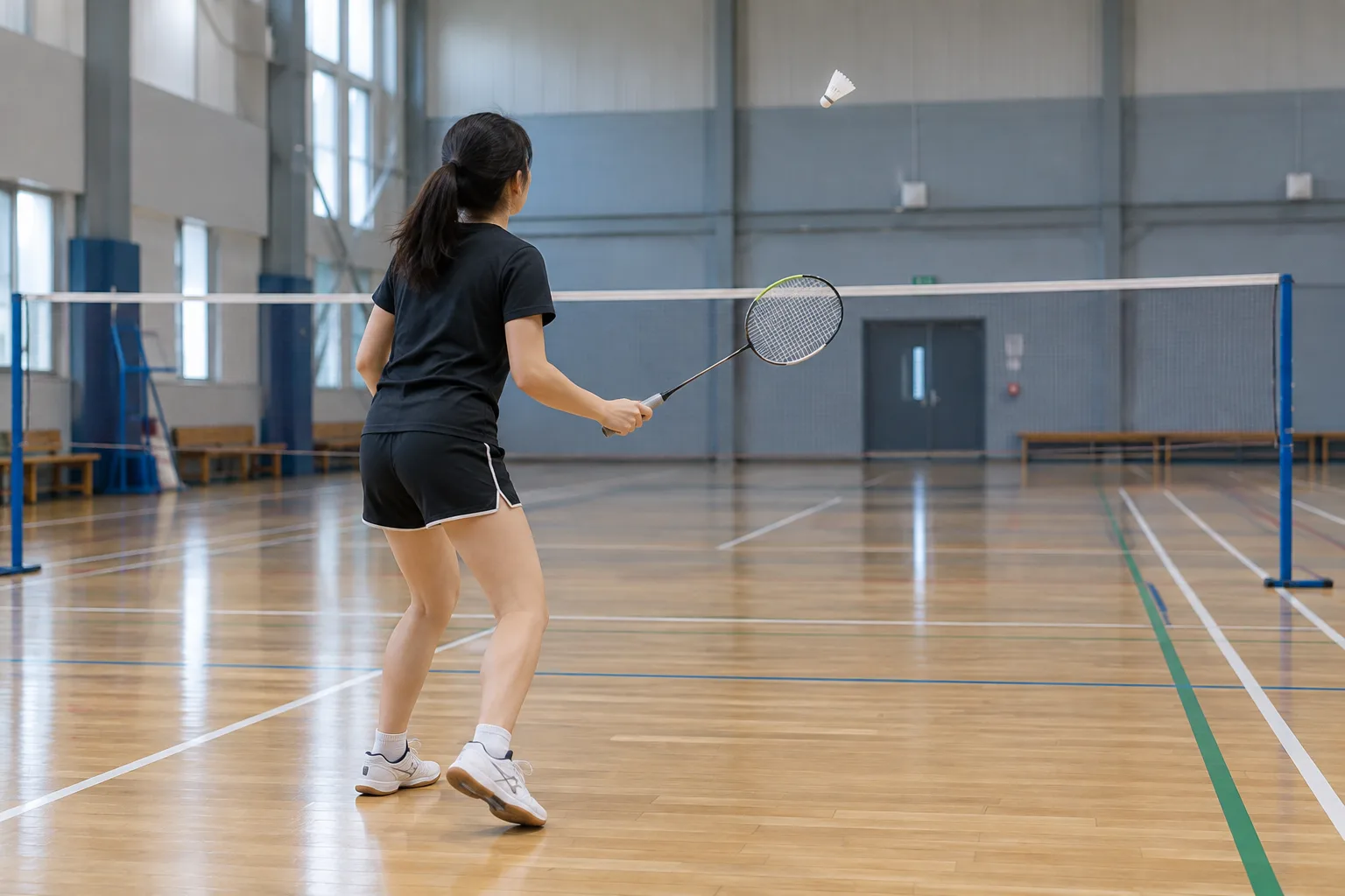 Un joueur de badminton se prépare à se déplacer sur un terrain intérieur.