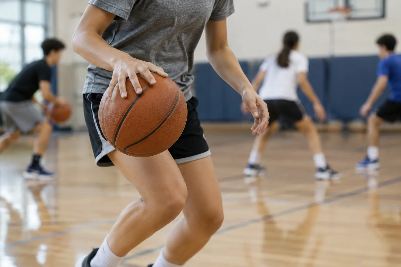 Un joueur débutant contrôle un ballon de basketball sur un terrain intérieur.