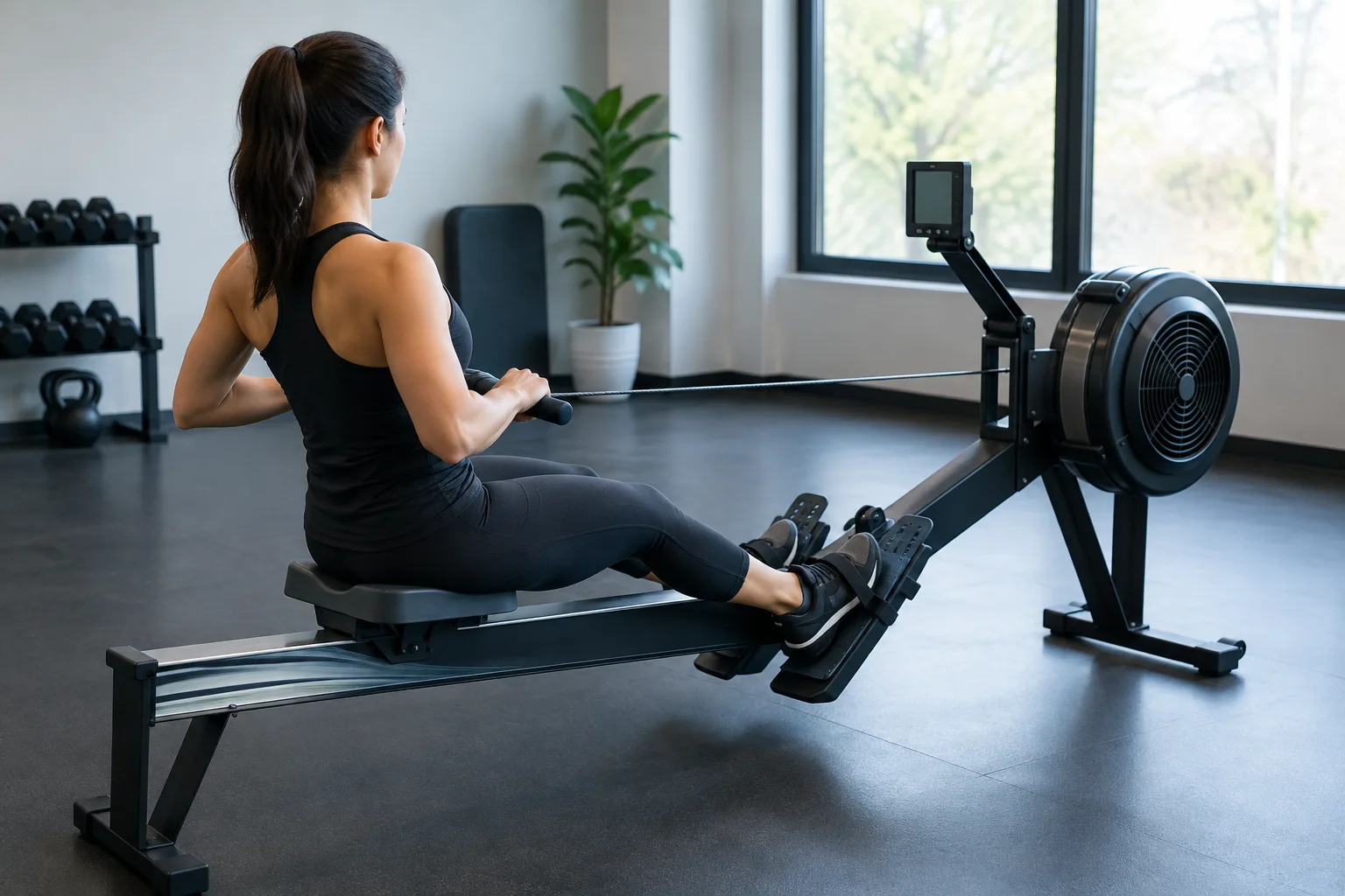 Une personne utilise un rameur en salle, les pieds attachés aux repose-pieds et les mains sur la poignée.