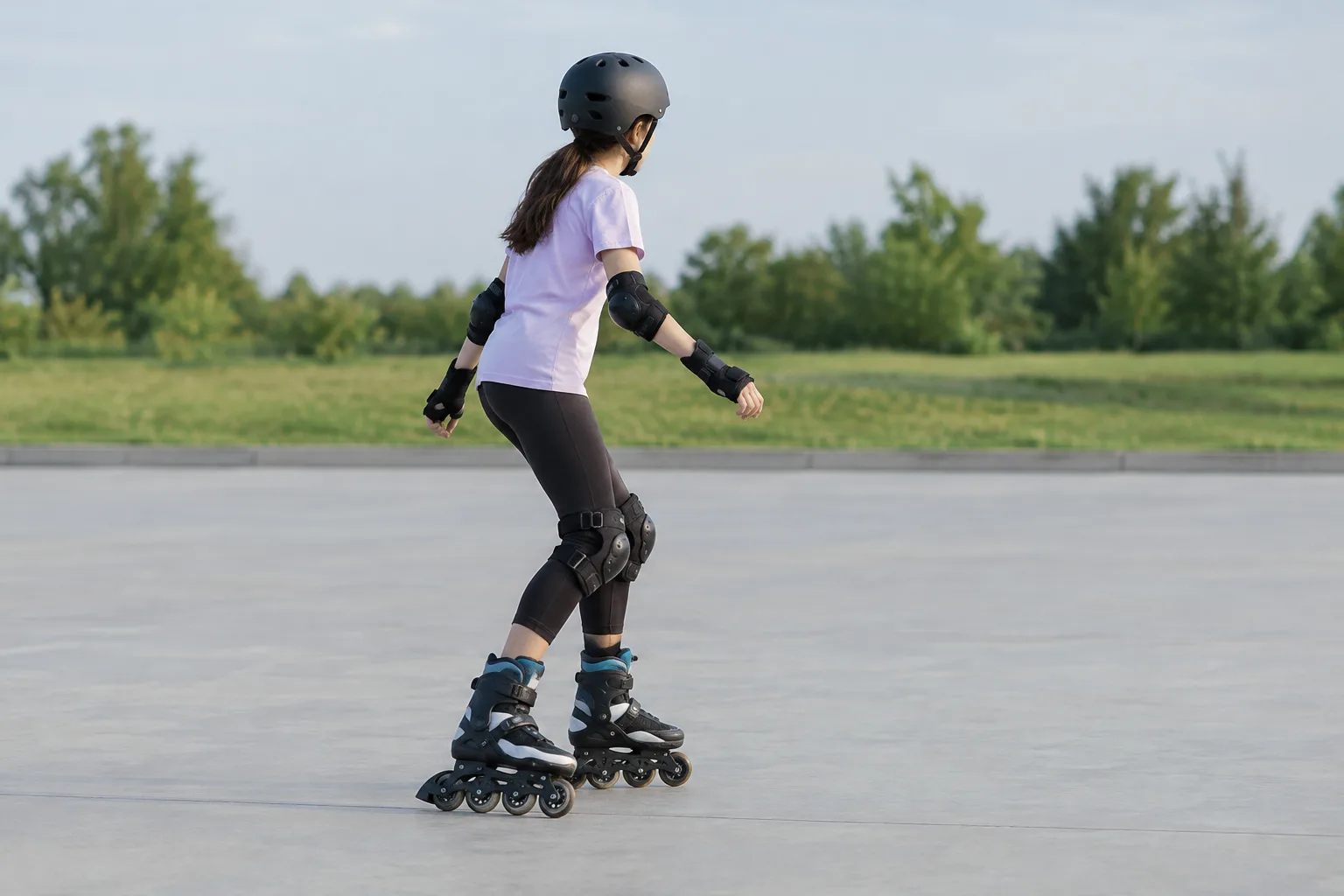Une personne débutante en roller en ligne s’entraîne à garder l’équilibre sur un terrain dégagé, avec ses protections.