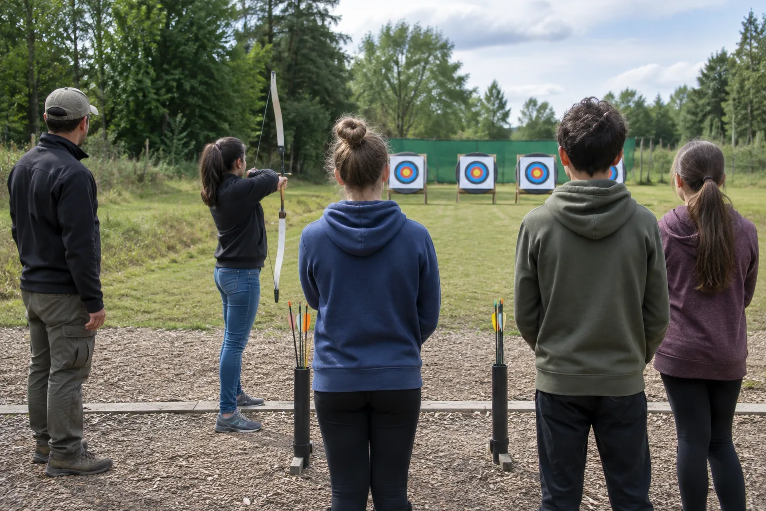 Des archers attendent derrière la ligne de tir pendant qu’un participant vise les cibles sous la supervision d’un encadrant.