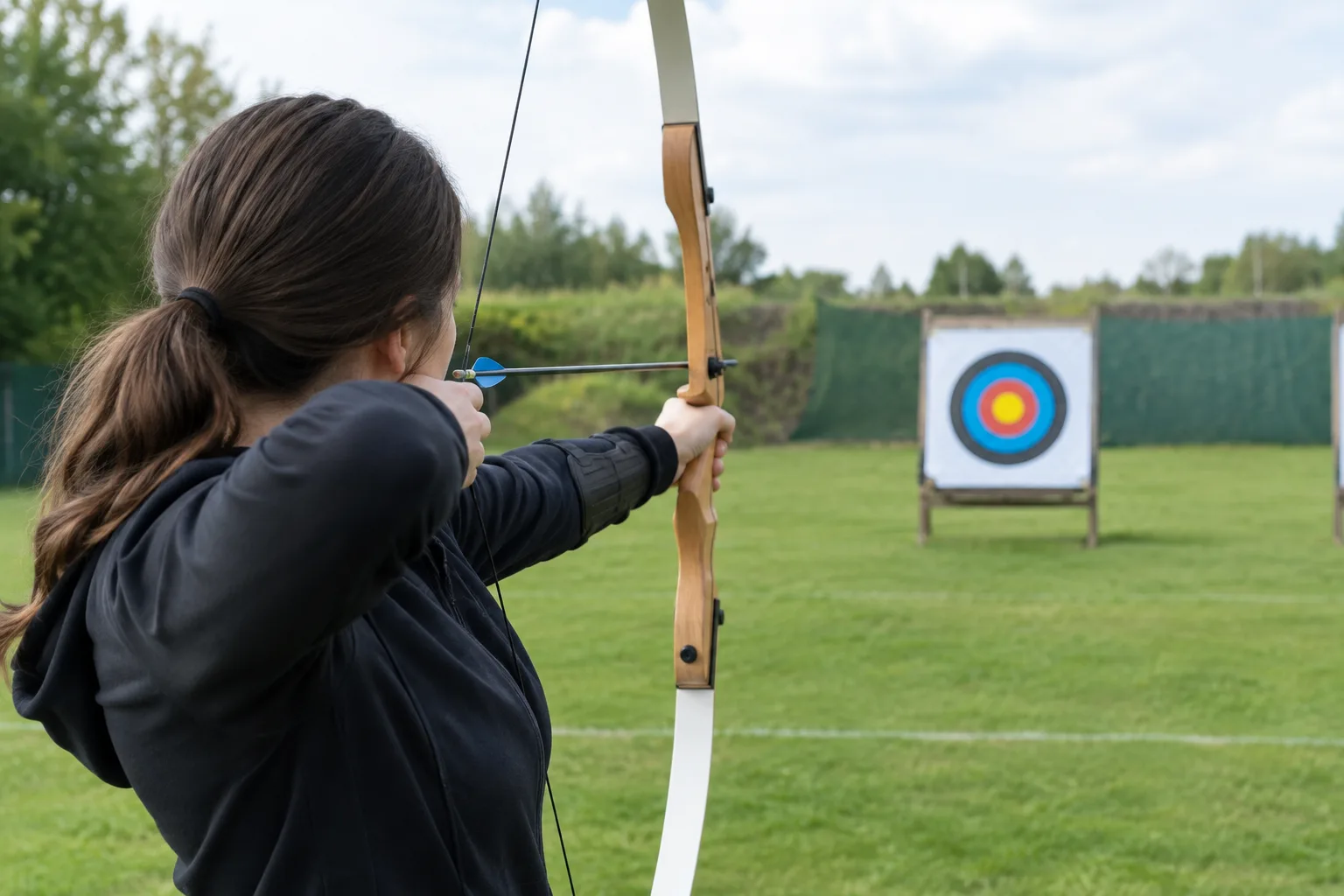 Un archer débutant se tient au pas de tir face à une cible, sous la lumière du jour.
