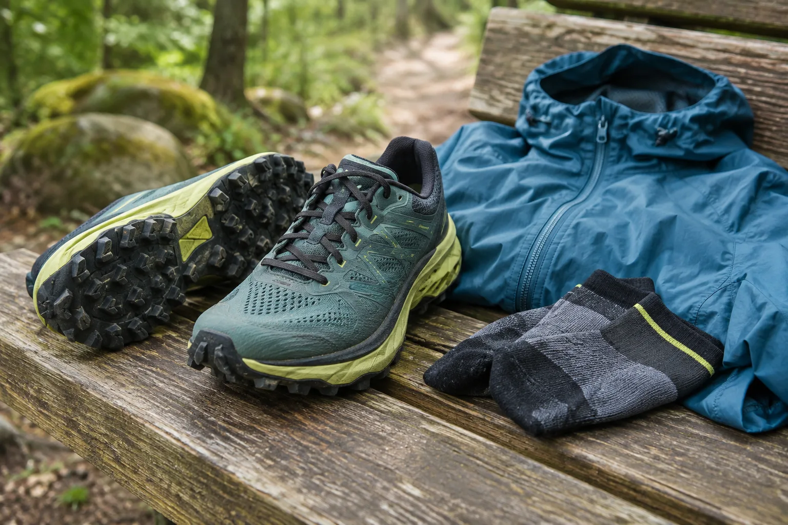 Des chaussures de trail et une veste légère sont posées près d’un sentier.