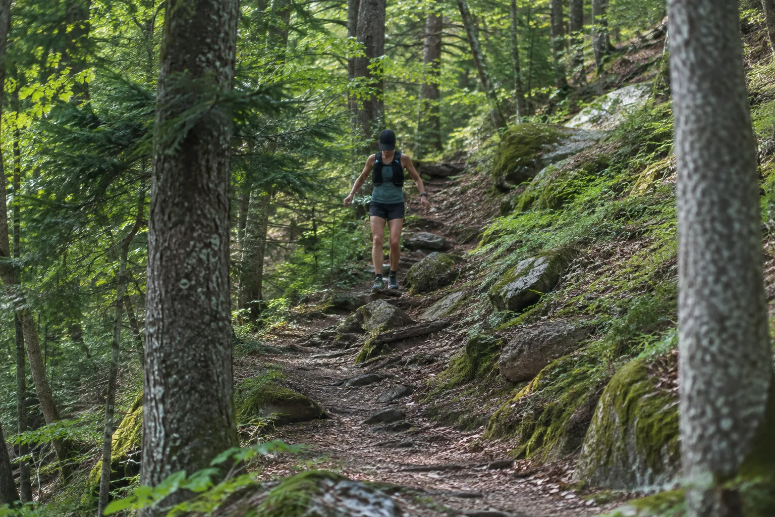 Une personne descend prudemment un sentier forestier irrégulier.