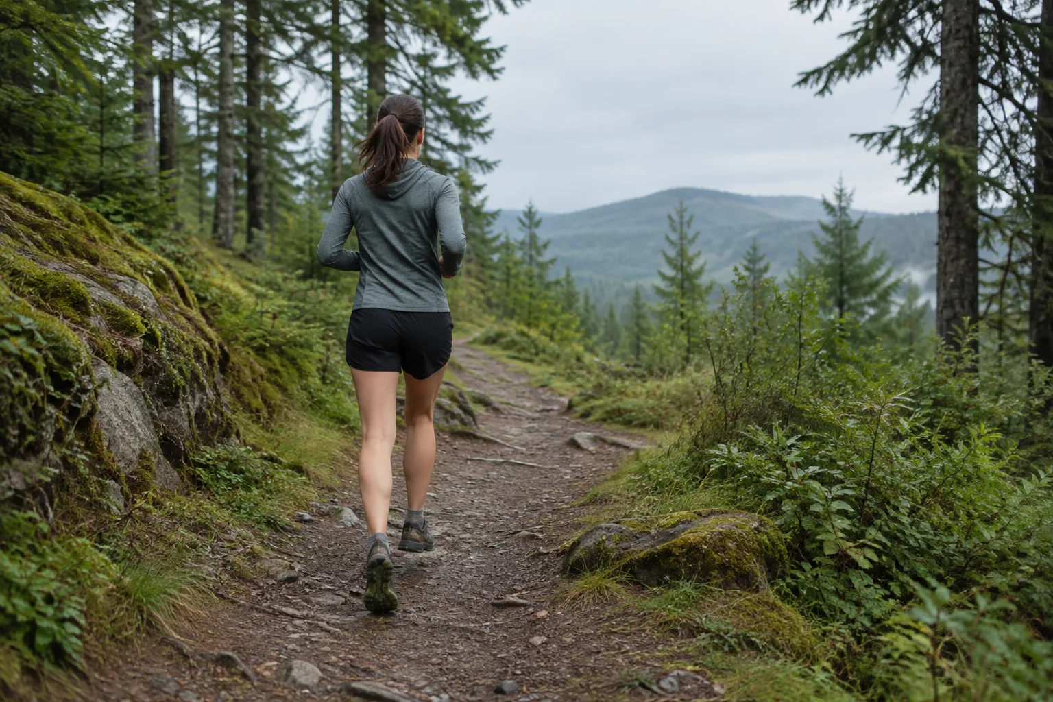 Une personne court sur un sentier forestier bordé de végétation.