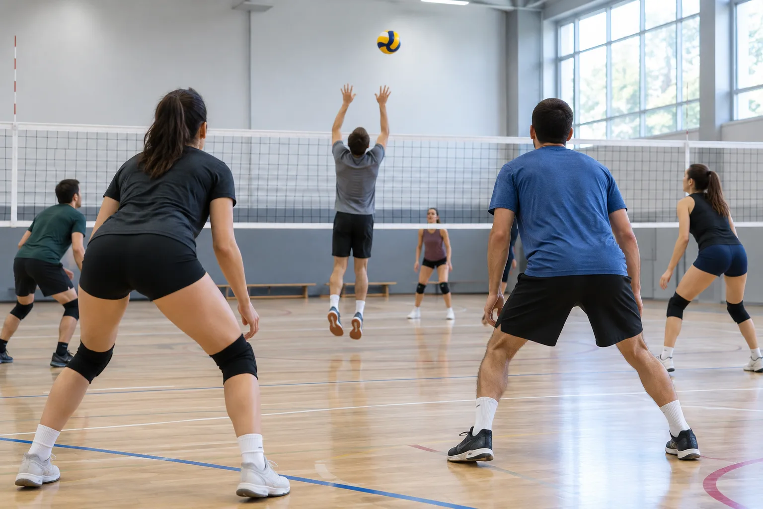 Des joueurs s’entraînent au volley-ball dans un gymnase, un ballon passant au-dessus du filet.