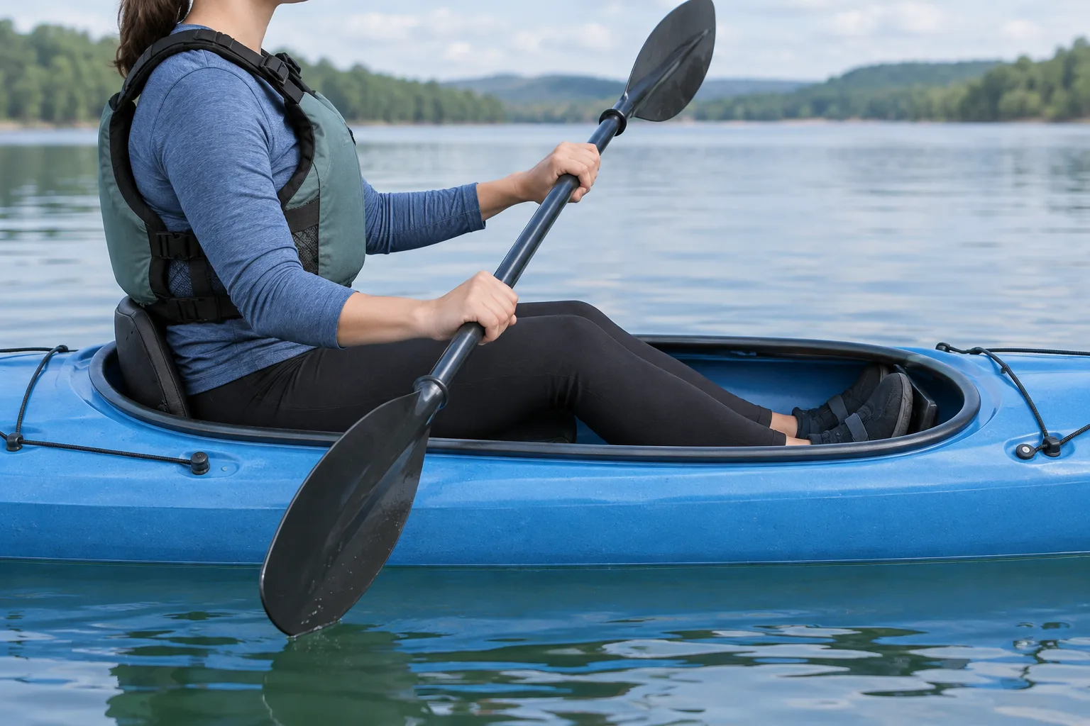 Un débutant assis dans un kayak tient sa pagaie en adoptant une posture stable.