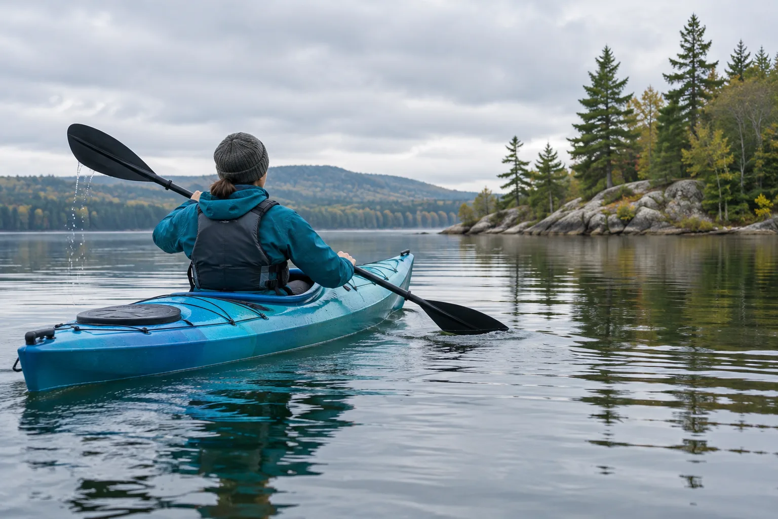 Une personne pagaye en kayak sur un plan d’eau calme, près d’une rive arborée.
