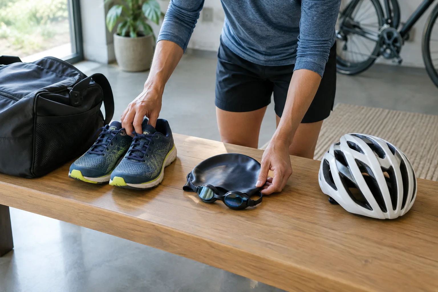 Chaussures de course, lunettes de natation et casque de vélo réunis sur un banc avant une semaine de pratique multisport.