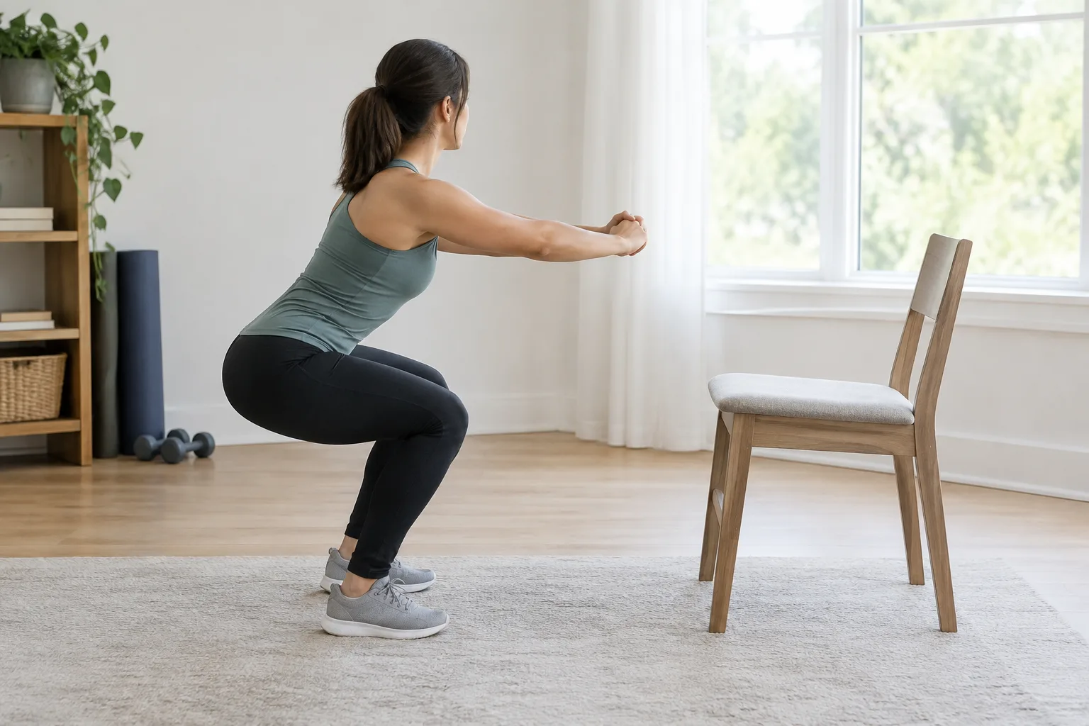 Une personne réalise un squat vers une chaise dans un espace dégagé à la maison.