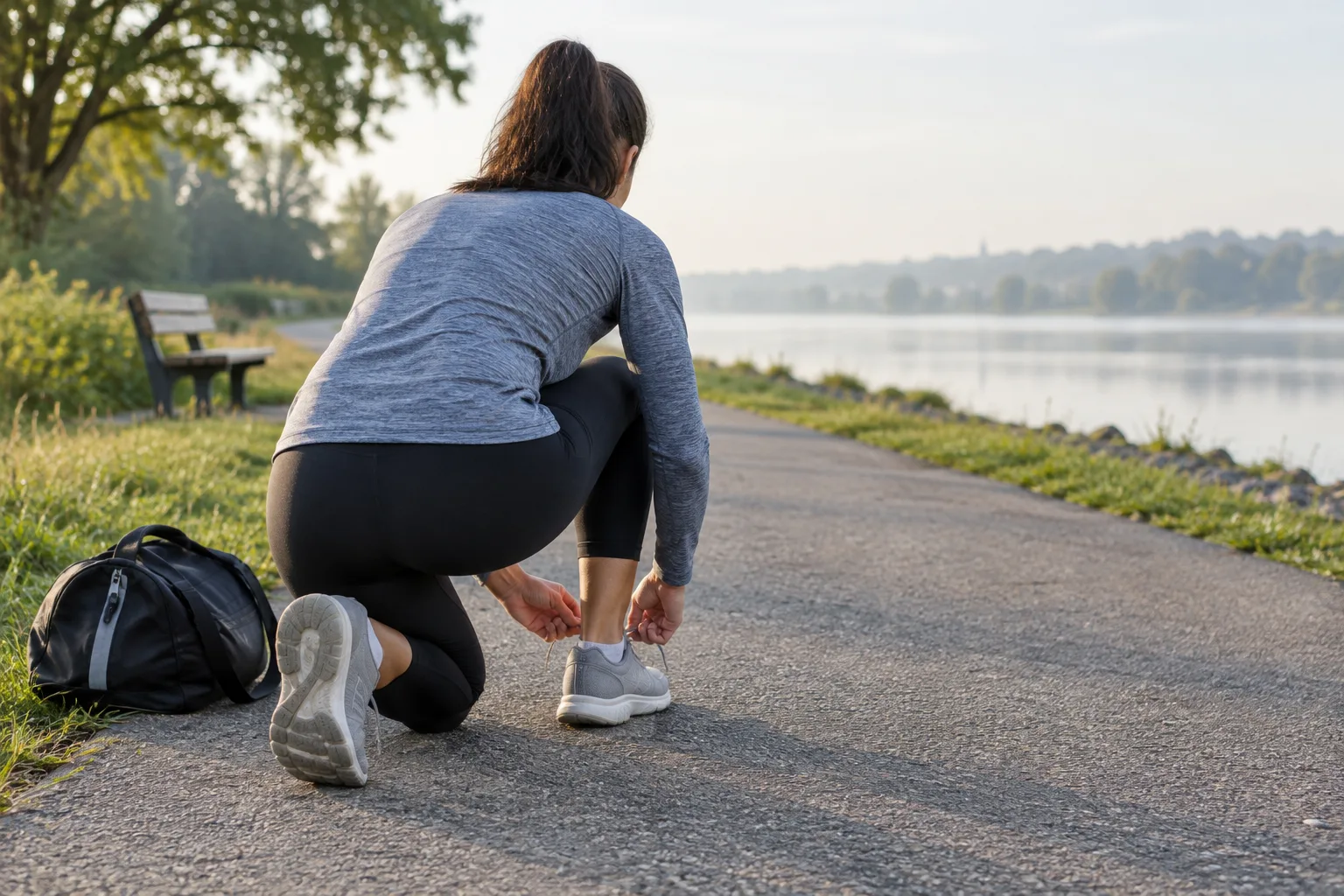 Une personne prépare ses chaussures avant une reprise sportive sur un chemin calme.