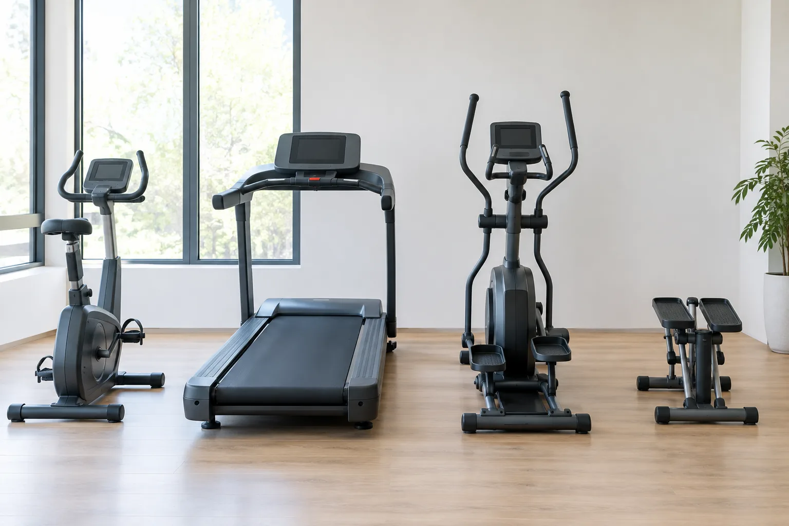 Un vélo d’appartement, un tapis de course, un elliptique et un stepper alignés dans une salle de sport.